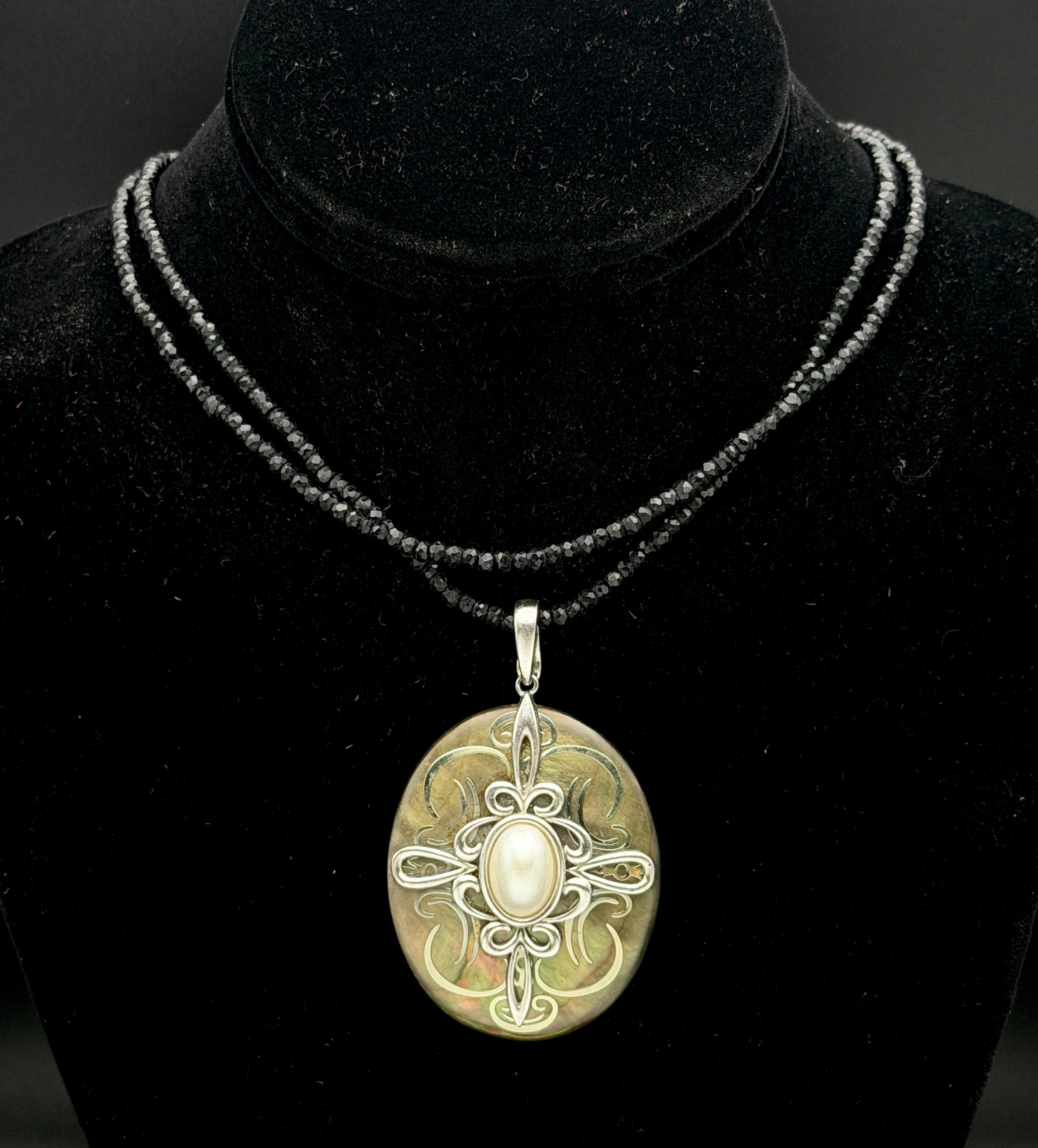 Vintage Abalone Shell Pendant Sterling Silver with Black Beaded Necklace- 36"