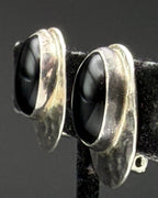 Vintage Hammered Sterling Silver Black Onyx Clip On Earrings