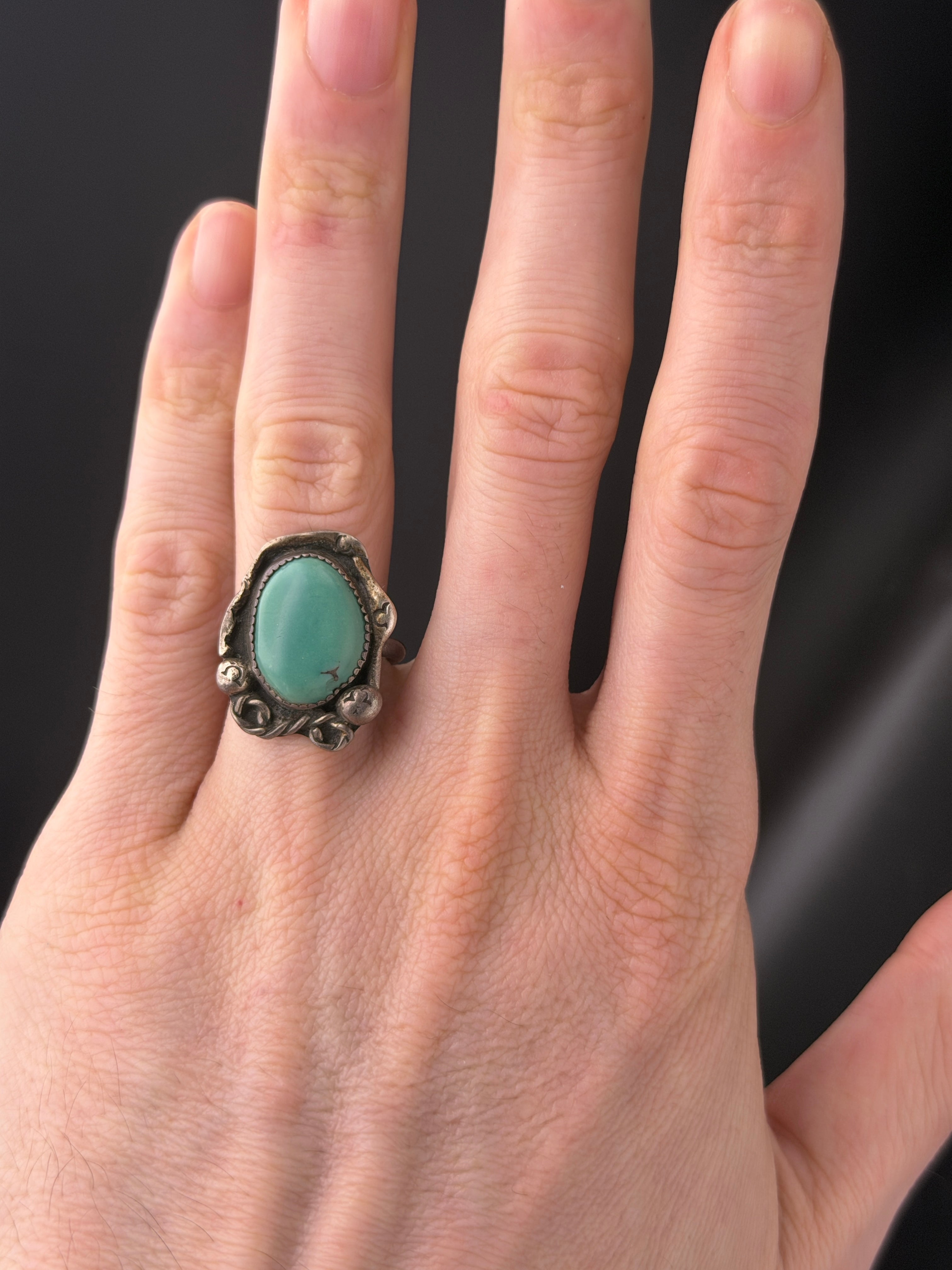 Vintage Handmade Green Turquoise Sterling Silver Abstract Ring - Size 8.5
