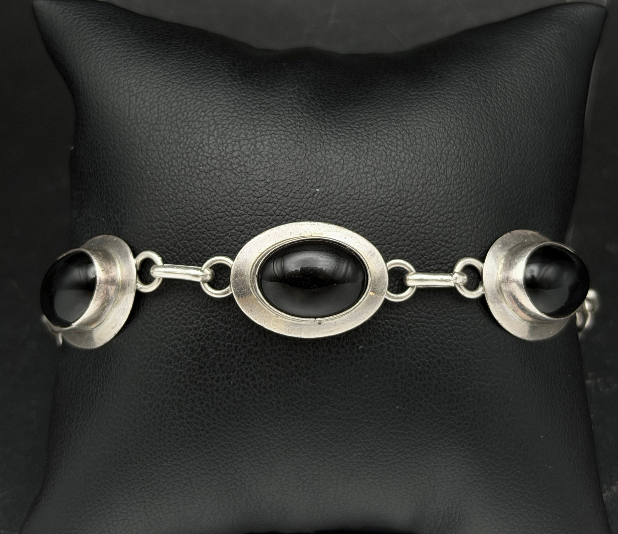 Vintage Handmade Black Onyx and Sterling Silver Links Bracelet - 8"