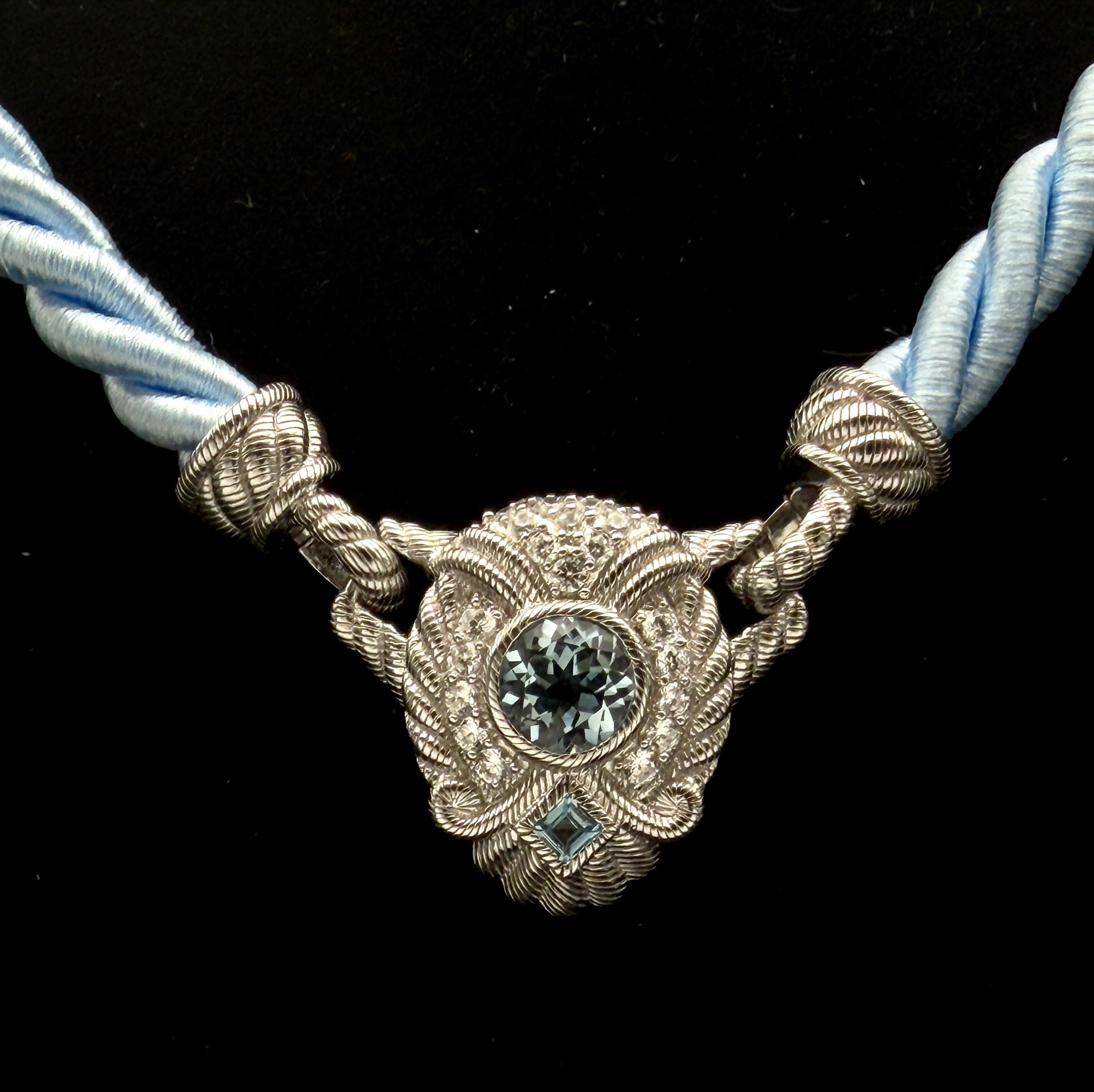 Judith Ripka - Vintage Blue Topaz and CZ Sterling Silver Pendant on Satin Rope Necklace - 18"