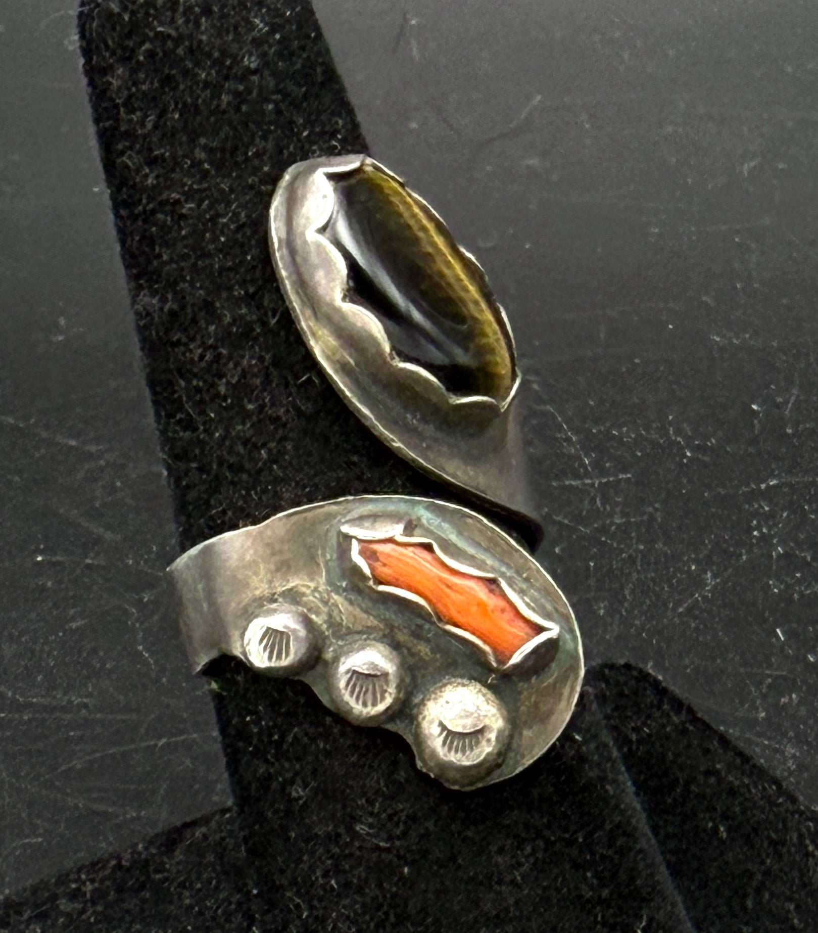 Vintage Handmade Tiger's Eye and Coral Sterling Silver Bypass Ring - Adjustable Size