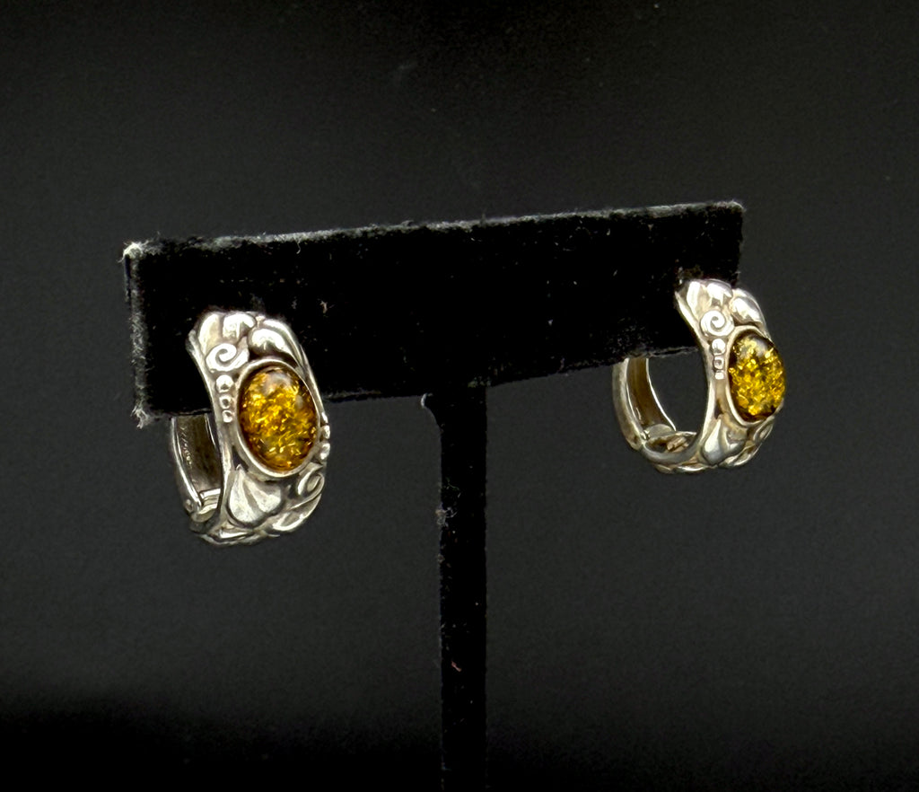 Vintage Amber Sterling Silver Huggie Earrings