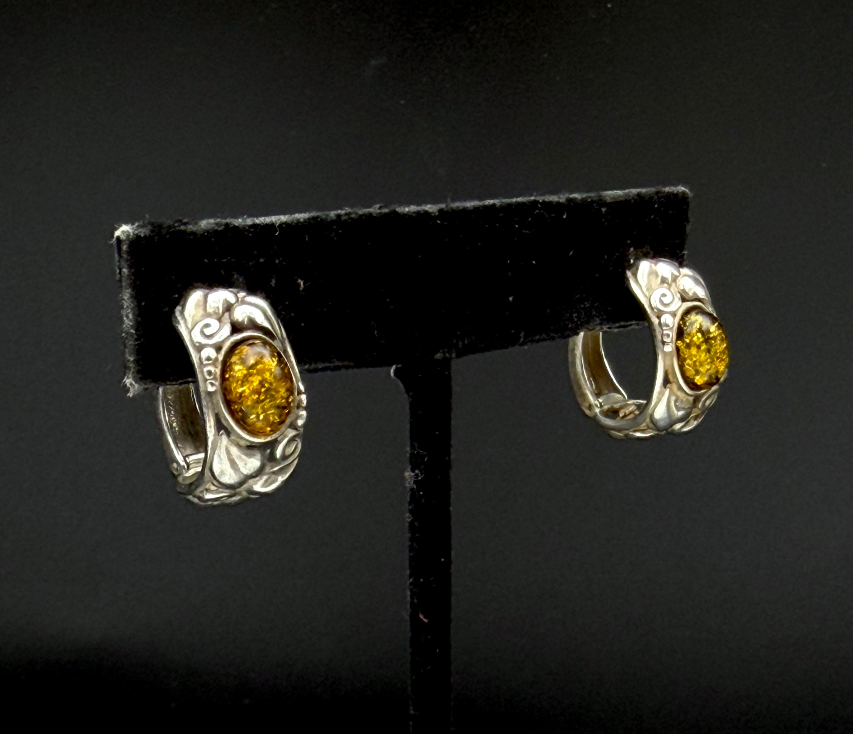 Vintage Amber Sterling Silver Huggie Earrings