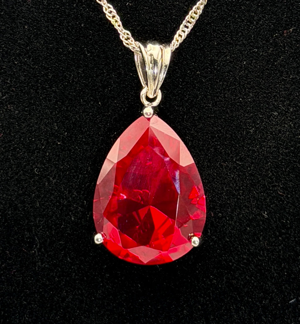 Vintage Large Synthetic Ruby Pendant Sterling Silver Chain Necklace