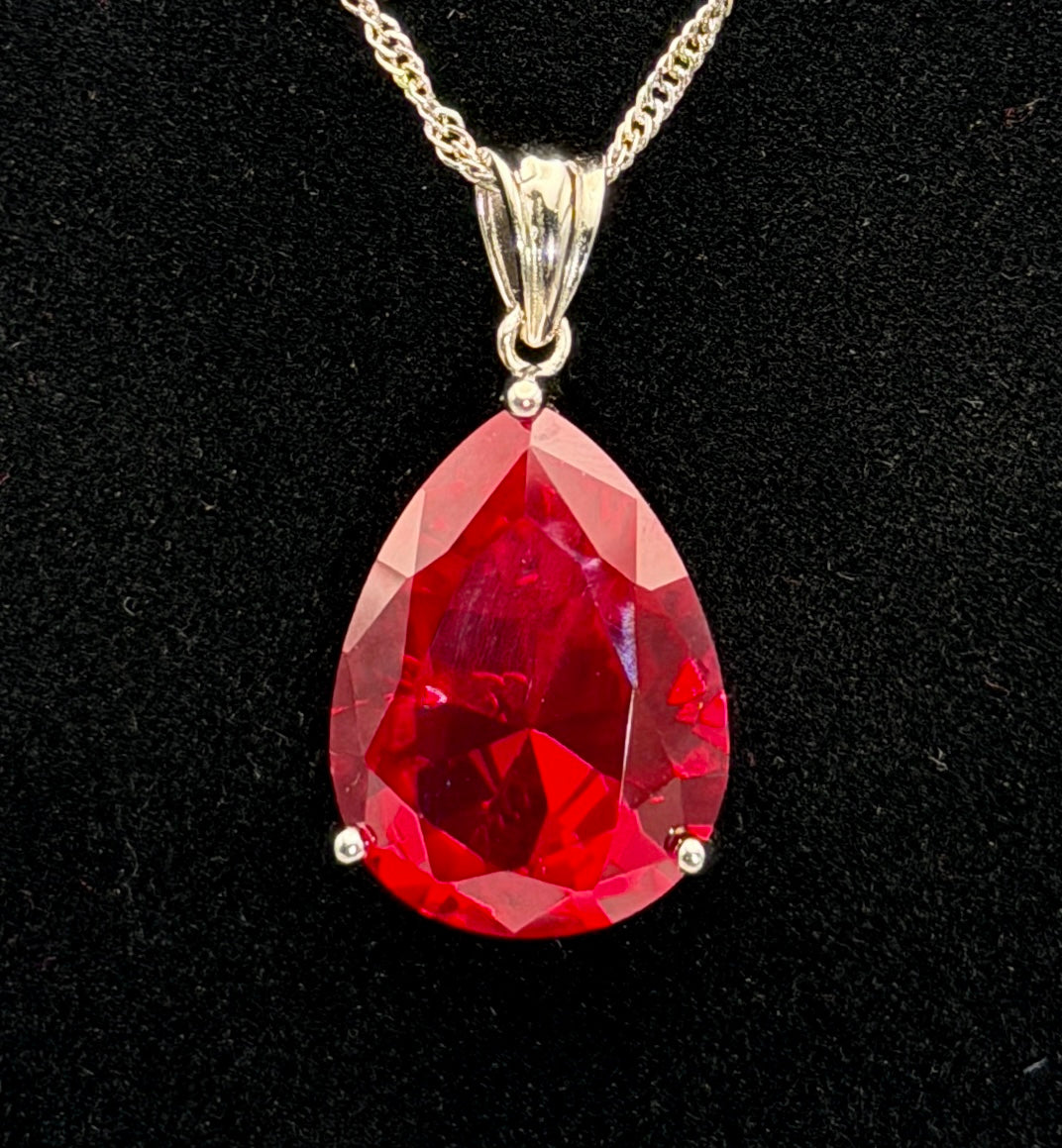 Vintage Large Synthetic Ruby Pendant Sterling Silver Chain Necklace
