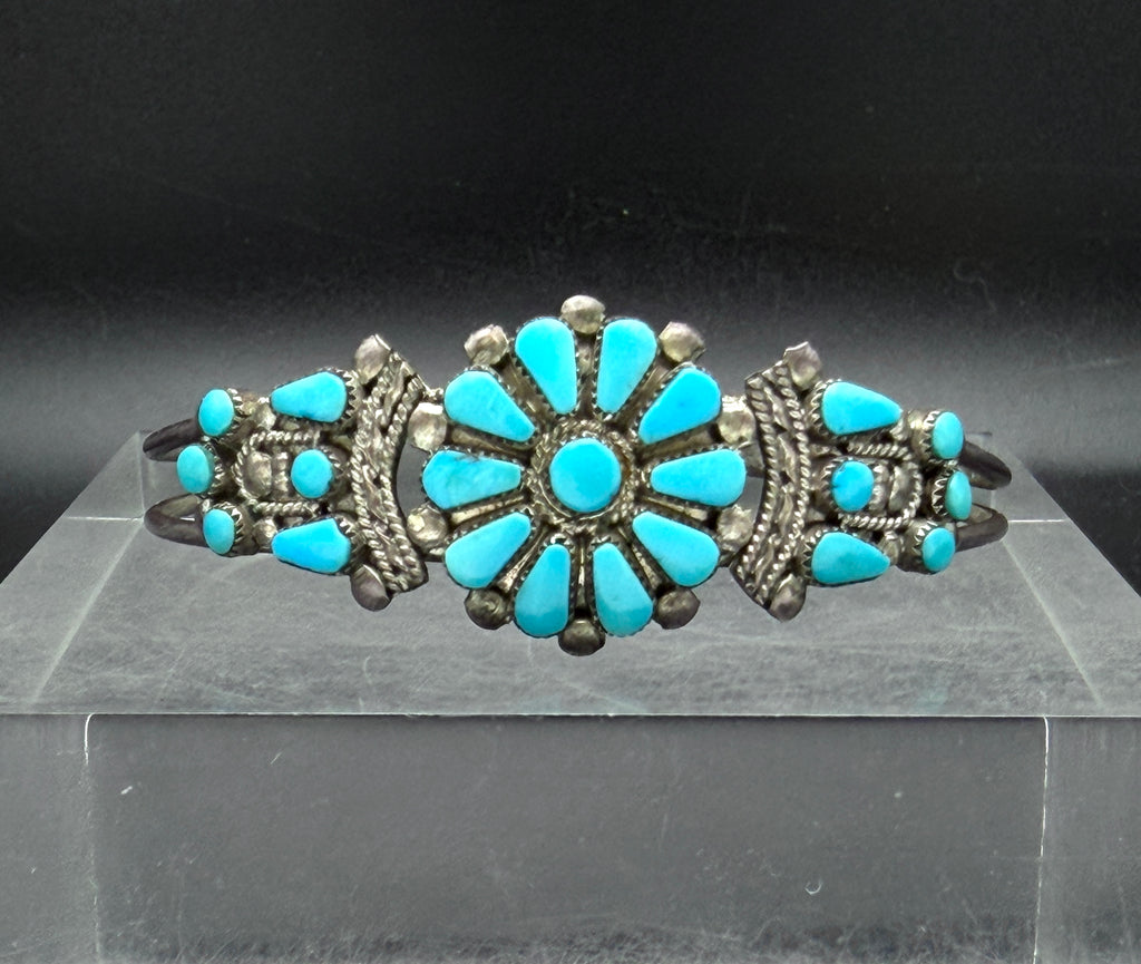 Vintage Handmade Zuni Floral Petit Point Turquoise Sterling Silver Cuff Bracelet