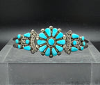 Vintage Handmade Zuni Floral Petit Point Turquoise Sterling Silver Cuff Bracelet