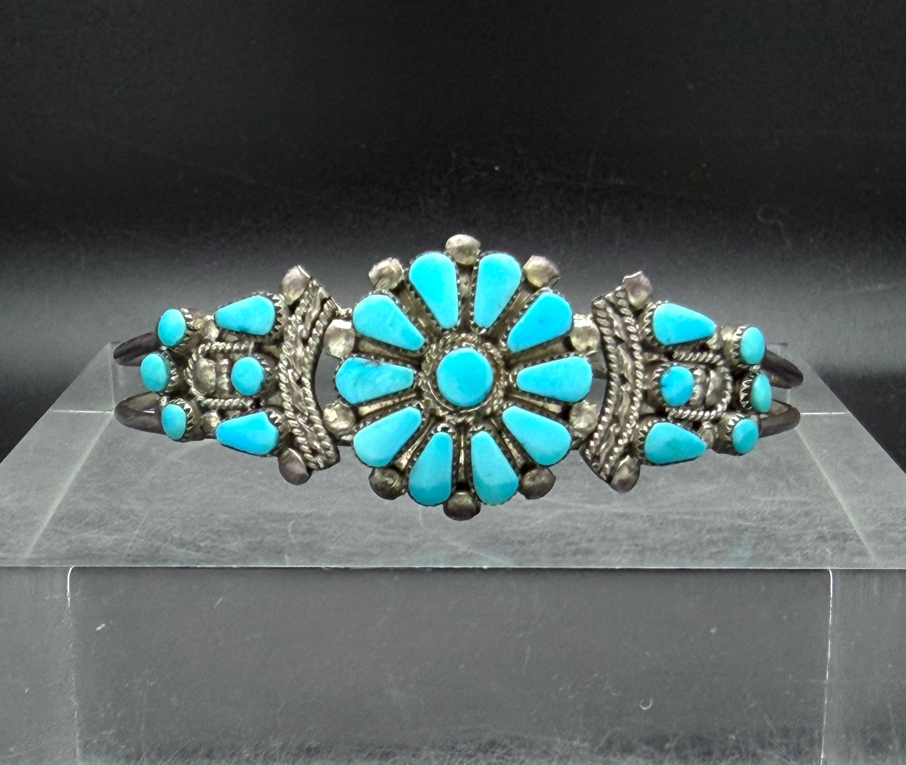 Vintage Handmade Zuni Floral Petit Point Turquoise Sterling Silver Cuff Bracelet