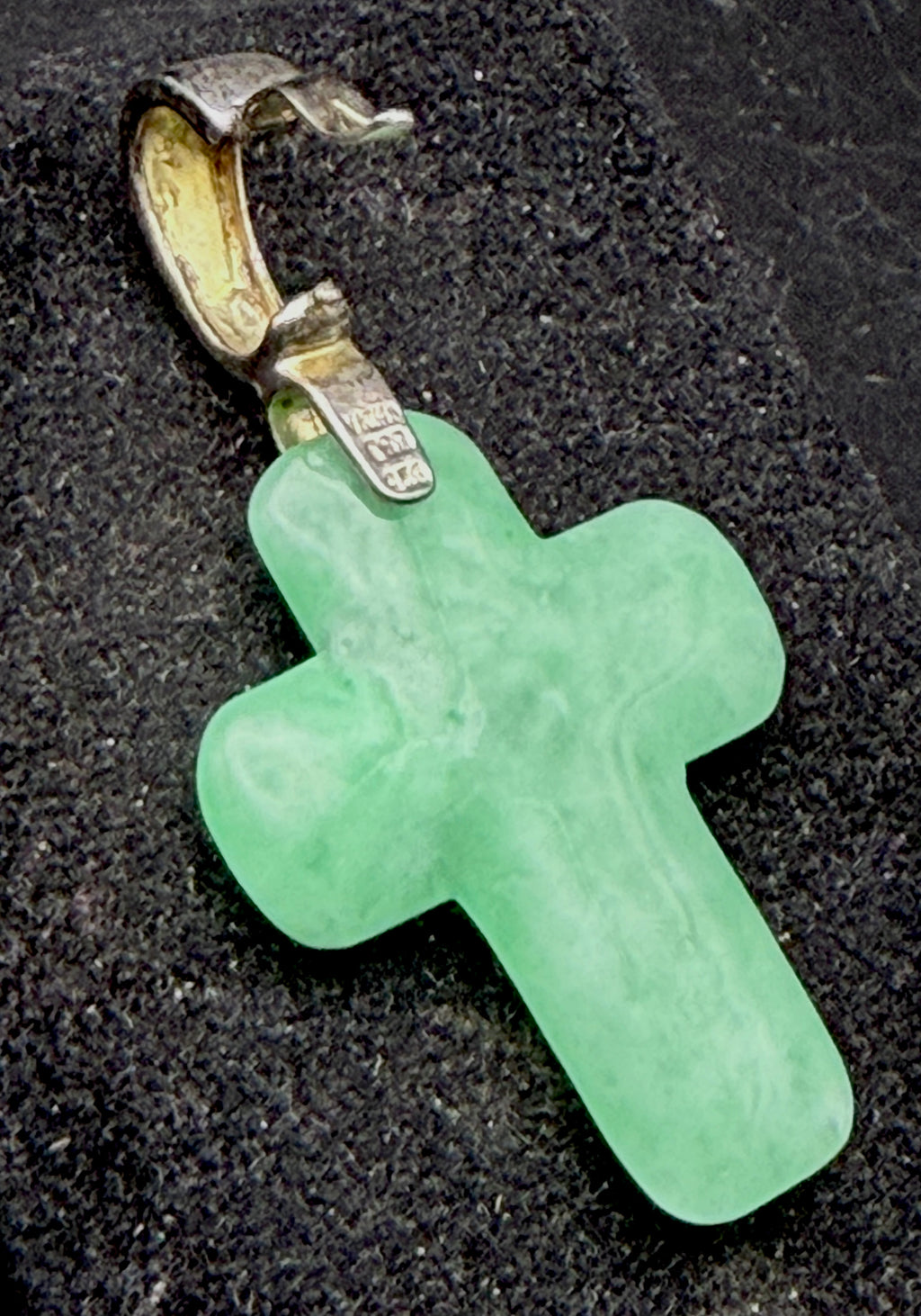 Vintage Carved Jade Cross Pendant with Sterling Silver Hinged Bail