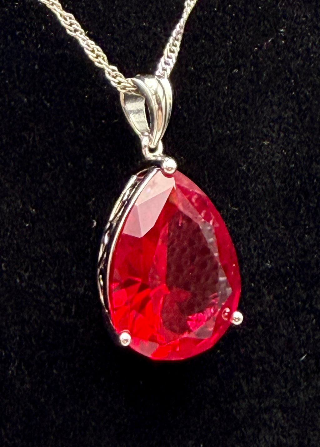 Vintage Large Synthetic Ruby Pendant Sterling Silver Chain Necklace