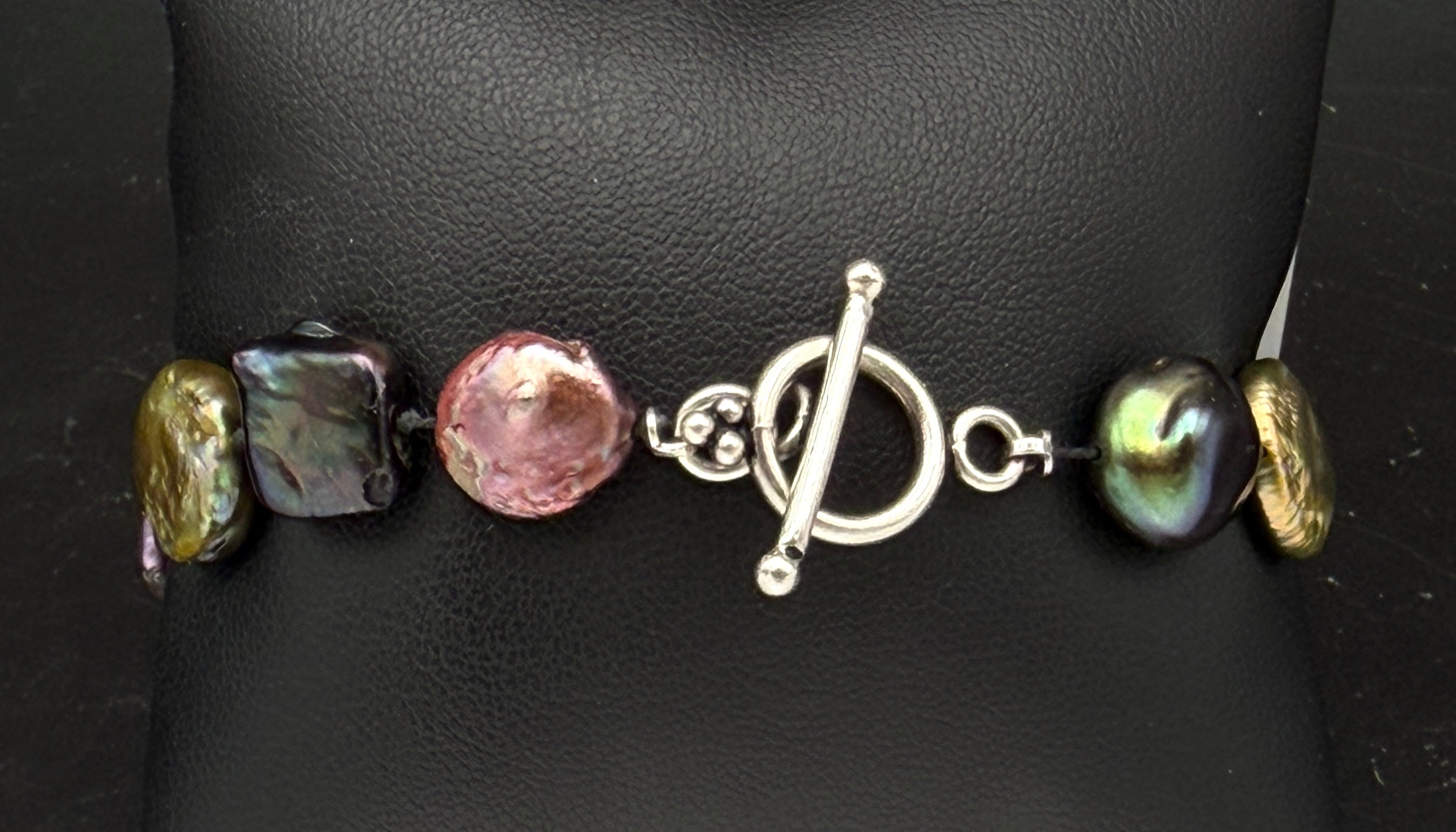 Vintage Multicolor Coin Pearl Sterling Silver Bracelet - 7.5"