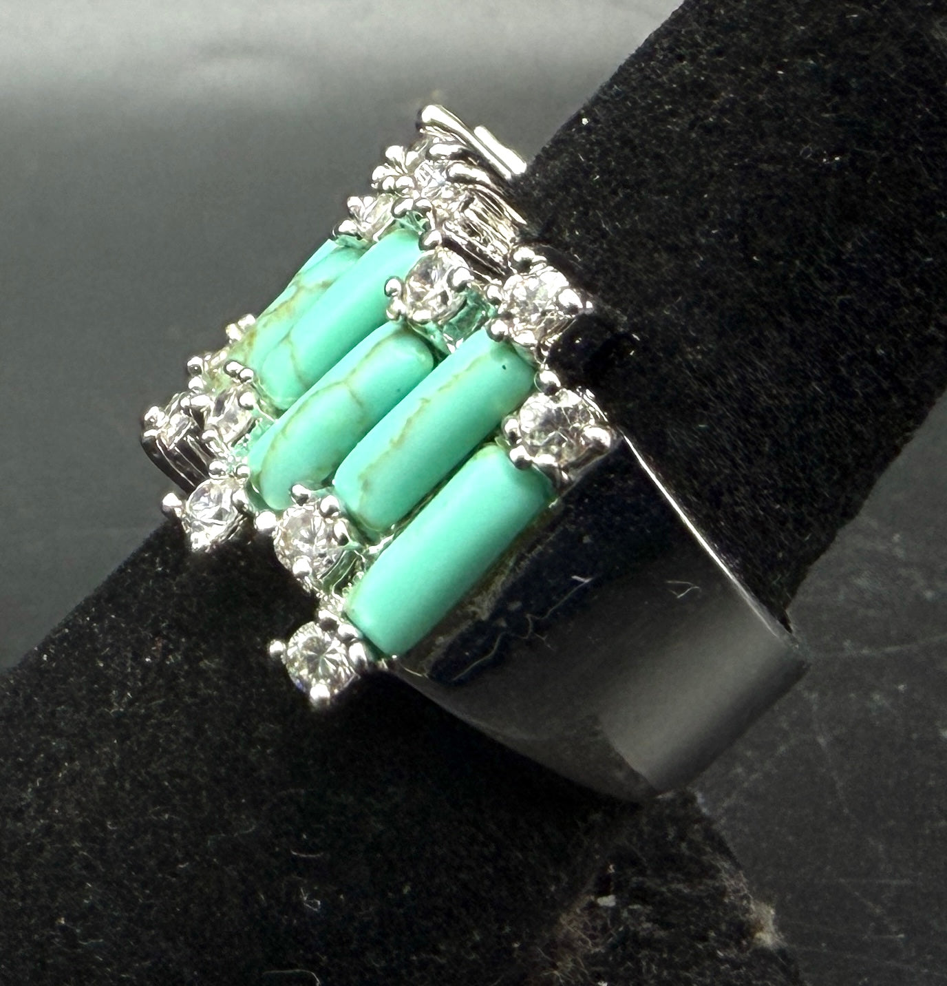 Vintage 18k White Gold Plated CZ and Faux Turquoise Ring - Size 8