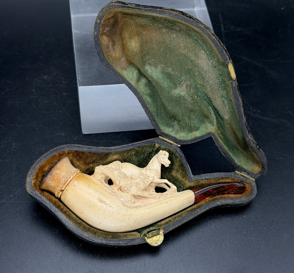 Antique Meerschaum Estate Pipe - Horse & Wolf Motif with Fitted Case and Amber Stem