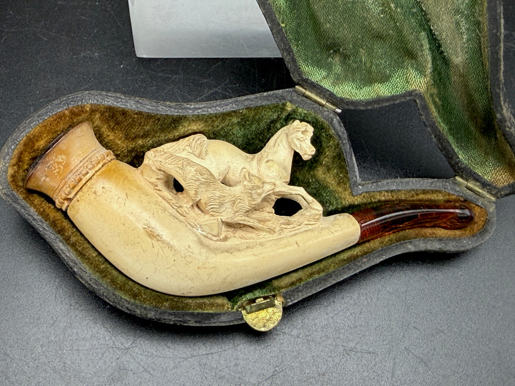 Antique Meerschaum Estate Pipe - Horse & Wolf Motif with Fitted Case and Amber Stem