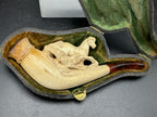 Antique Meerschaum Estate Pipe - Horse & Wolf Motif with Fitted Case and Amber Stem