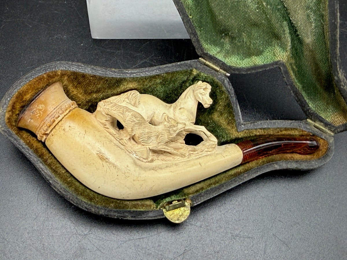 Antique Meerschaum Estate Pipe - Horse & Wolf Motif with Fitted Case and Amber Stem