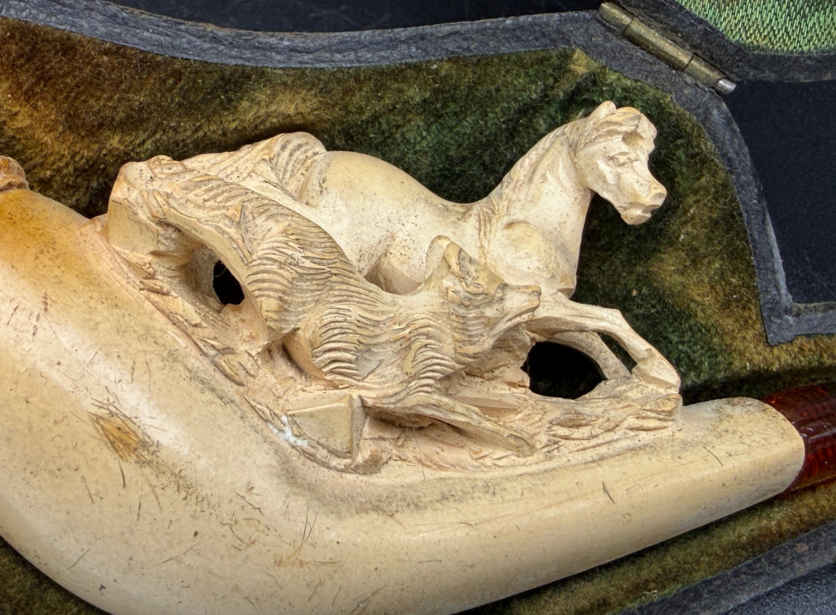 Antique Meerschaum Estate Pipe - Horse & Wolf Motif with Fitted Case and Amber Stem