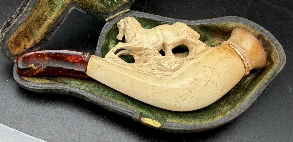 Antique Meerschaum Estate Pipe - Horse & Wolf Motif with Fitted Case and Amber Stem