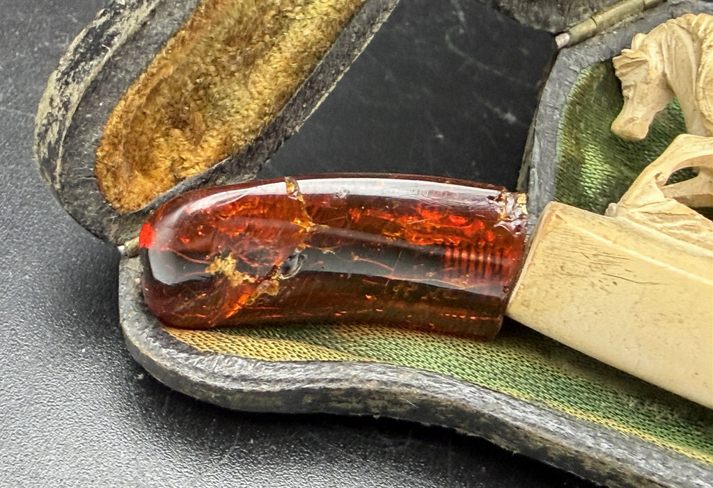 Antique Meerschaum Estate Pipe - Horse & Wolf Motif with Fitted Case and Amber Stem