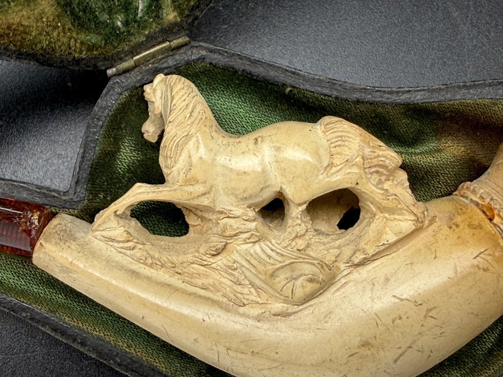 Antique Meerschaum Estate Pipe - Horse & Wolf Motif with Fitted Case and Amber Stem