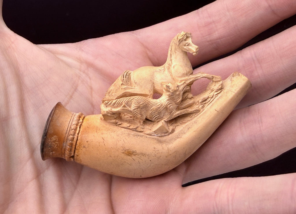 Antique Meerschaum Estate Pipe - Horse & Wolf Motif with Fitted Case and Amber Stem