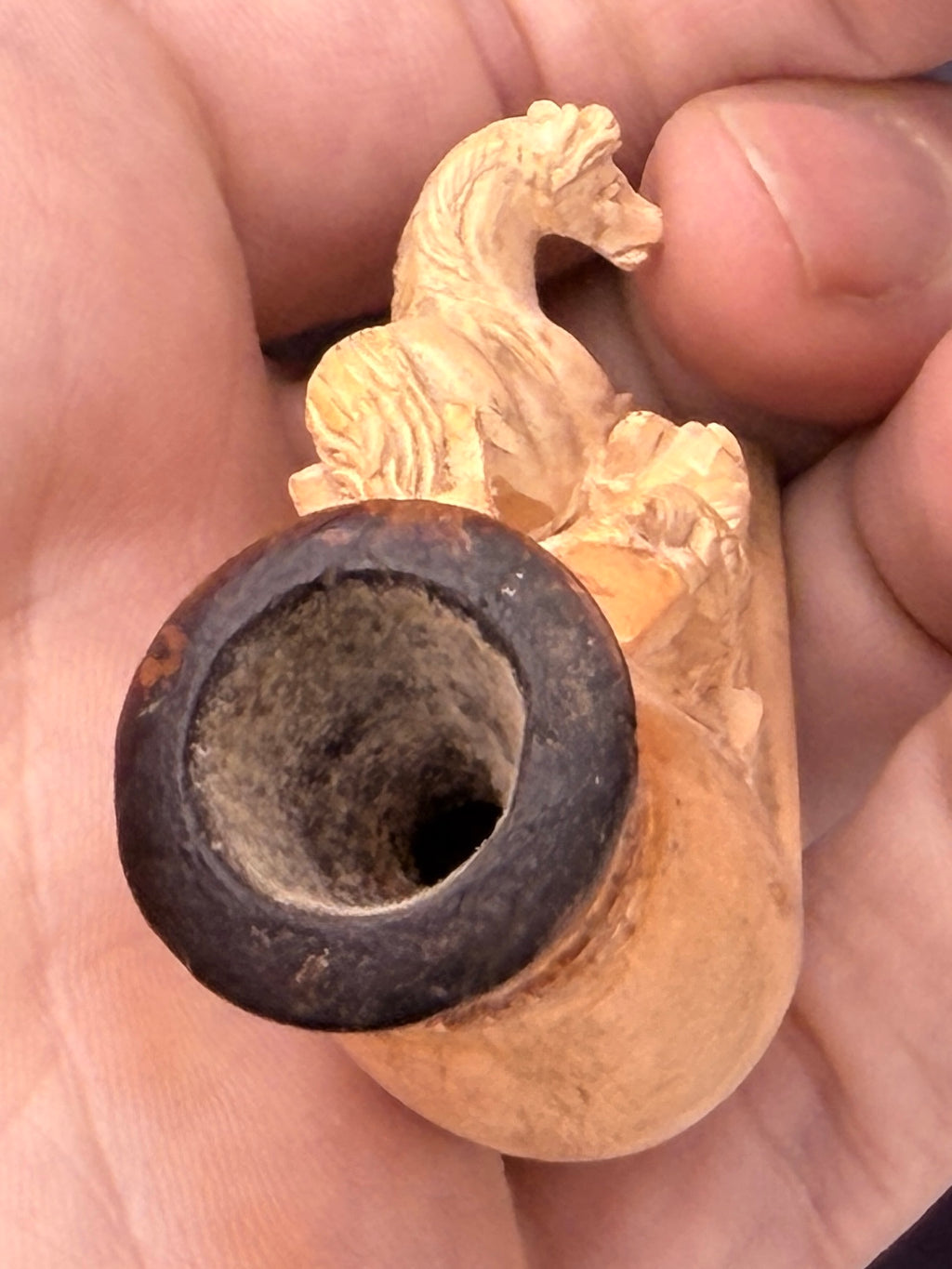 Antique Meerschaum Estate Pipe - Horse & Wolf Motif with Fitted Case and Amber Stem