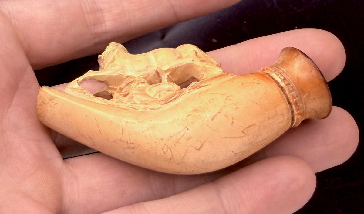 Antique Meerschaum Estate Pipe - Horse & Wolf Motif with Fitted Case and Amber Stem