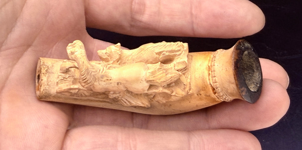 Antique Meerschaum Estate Pipe - Horse & Wolf Motif with Fitted Case and Amber Stem