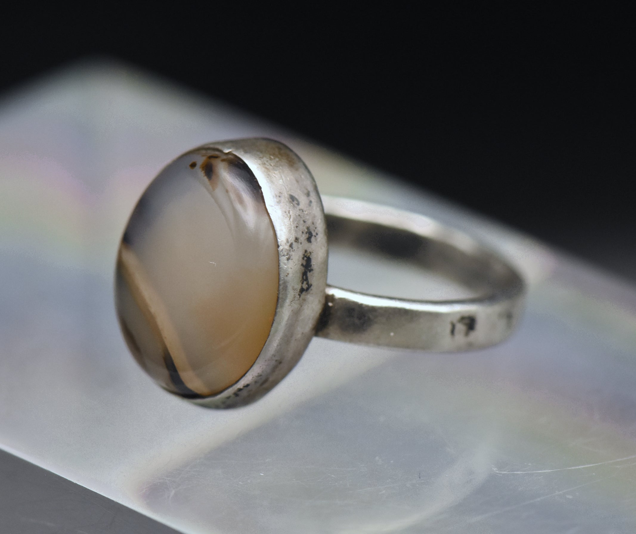 Vintage Handmade Sterling Silver Agate Ring - Size 6.75