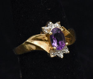 Vintage 10k Gold Amethyst and Diamonds Ring - Size 3