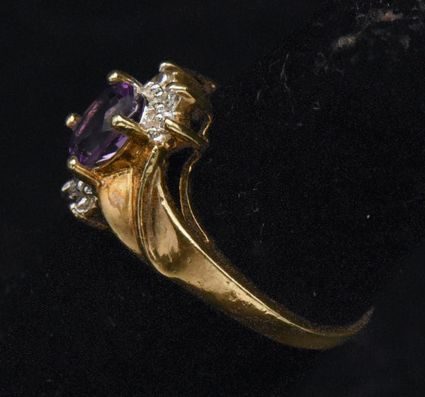 Vintage 10k Gold Amethyst and Diamonds Ring - Size 3