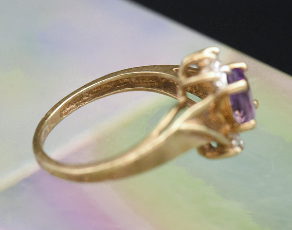 Vintage 10k Gold Amethyst and Diamonds Ring - Size 3