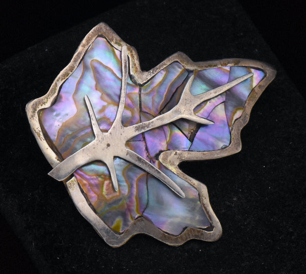 Vintage Handmade Sterling Silver and Abalone Shell Leaf Brooch