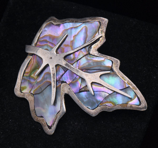 Vintage Handmade Sterling Silver and Abalone Shell Leaf Brooch