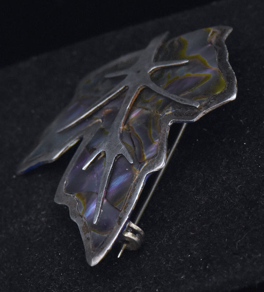 Vintage Handmade Sterling Silver and Abalone Shell Leaf Brooch