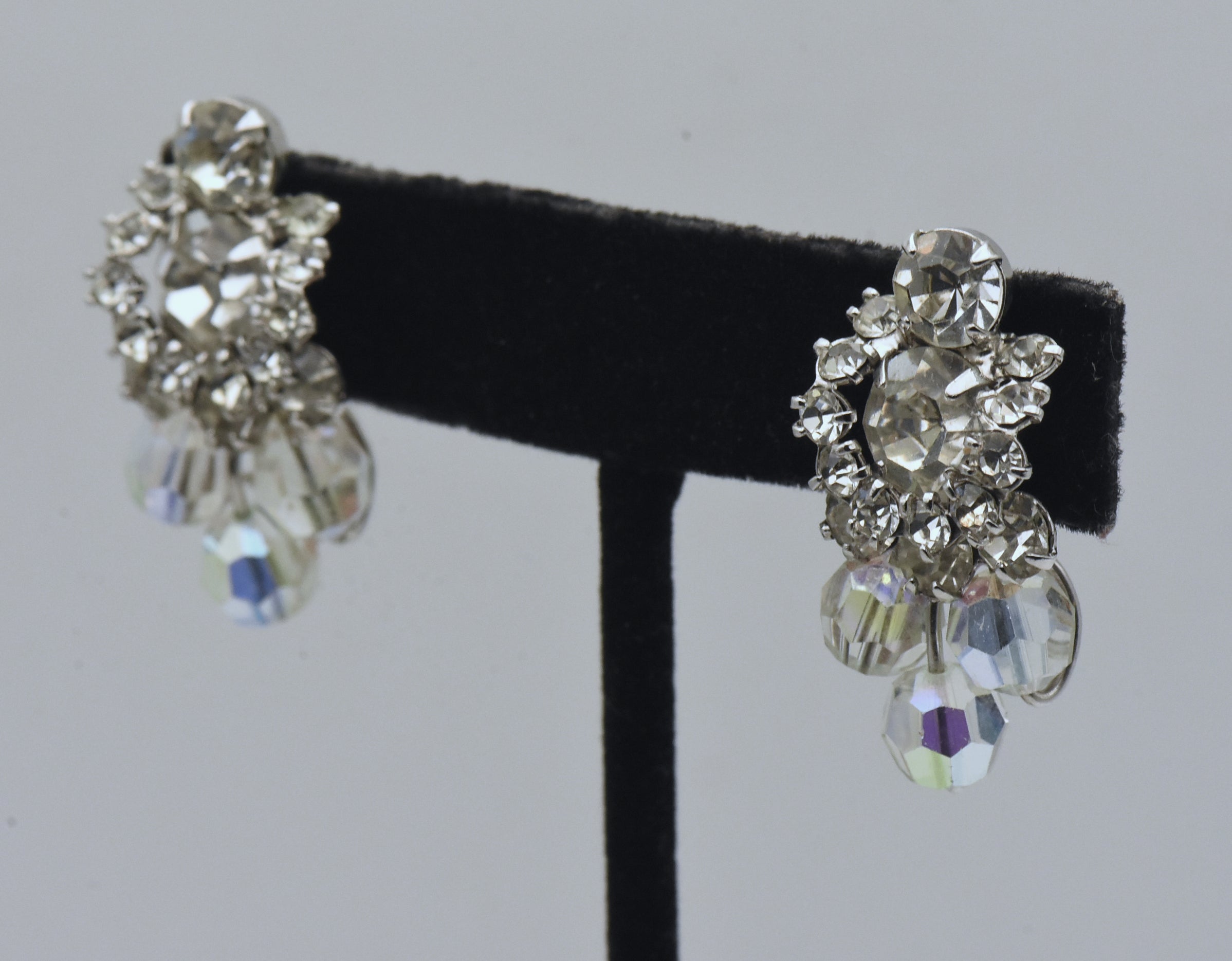 Vintage Silver Tone Rhinestone and Beads Clip-On Earrings