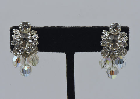 Vintage Silver Tone Rhinestone and Beads Clip-On Earrings