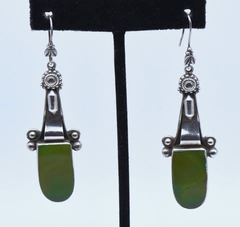 Vintage Sterling Silver Green Agate Slices Dangle Earrings