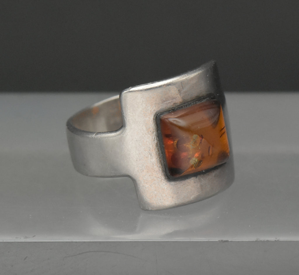 Vintage Handmade Sterling Silver and Amber Modernist Ring - Size 6.5