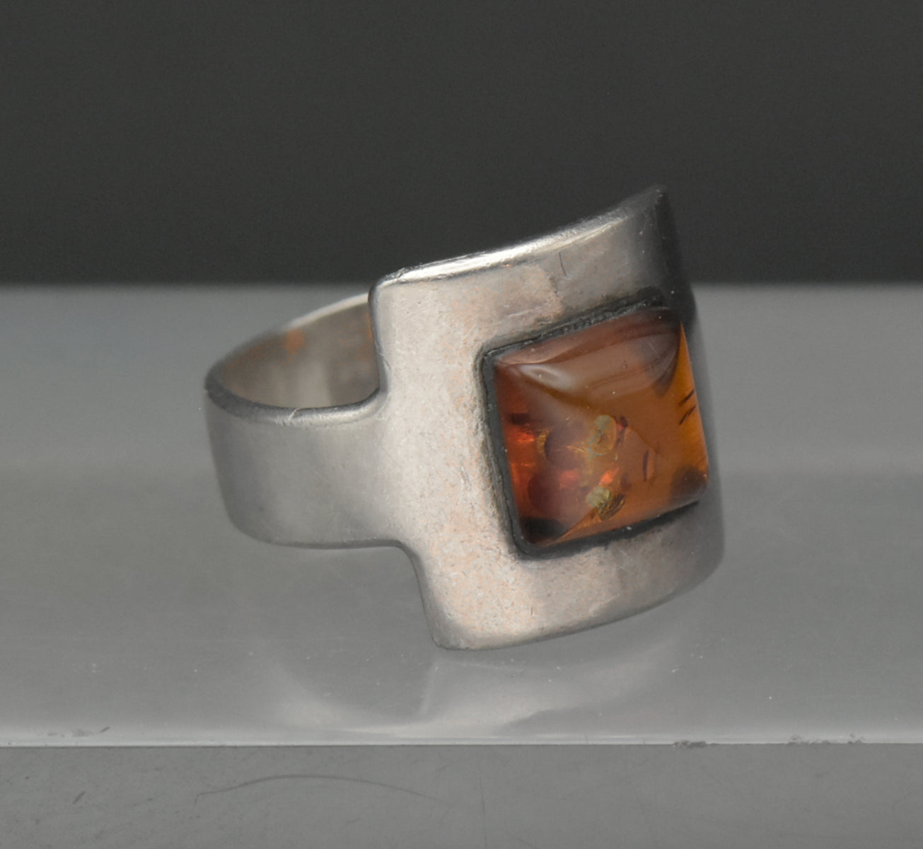 Vintage Handmade Sterling Silver and Amber Modernist Ring - Size 6.5