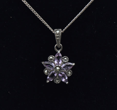 Vintage Amethyst and Marcasite Sterling Silver Floral Pendant on Sterling Silver Chain Necklace - 19.25"