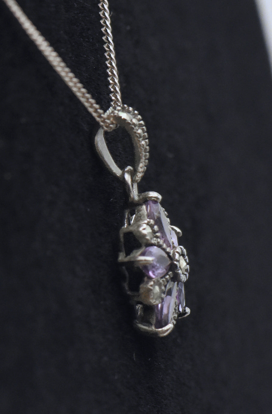Vintage Amethyst and Marcasite Sterling Silver Floral Pendant on Sterling Silver Chain Necklace - 19.25"