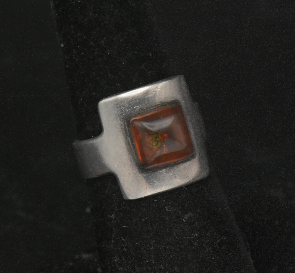Vintage Handmade Sterling Silver and Amber Modernist Ring - Size 6.5