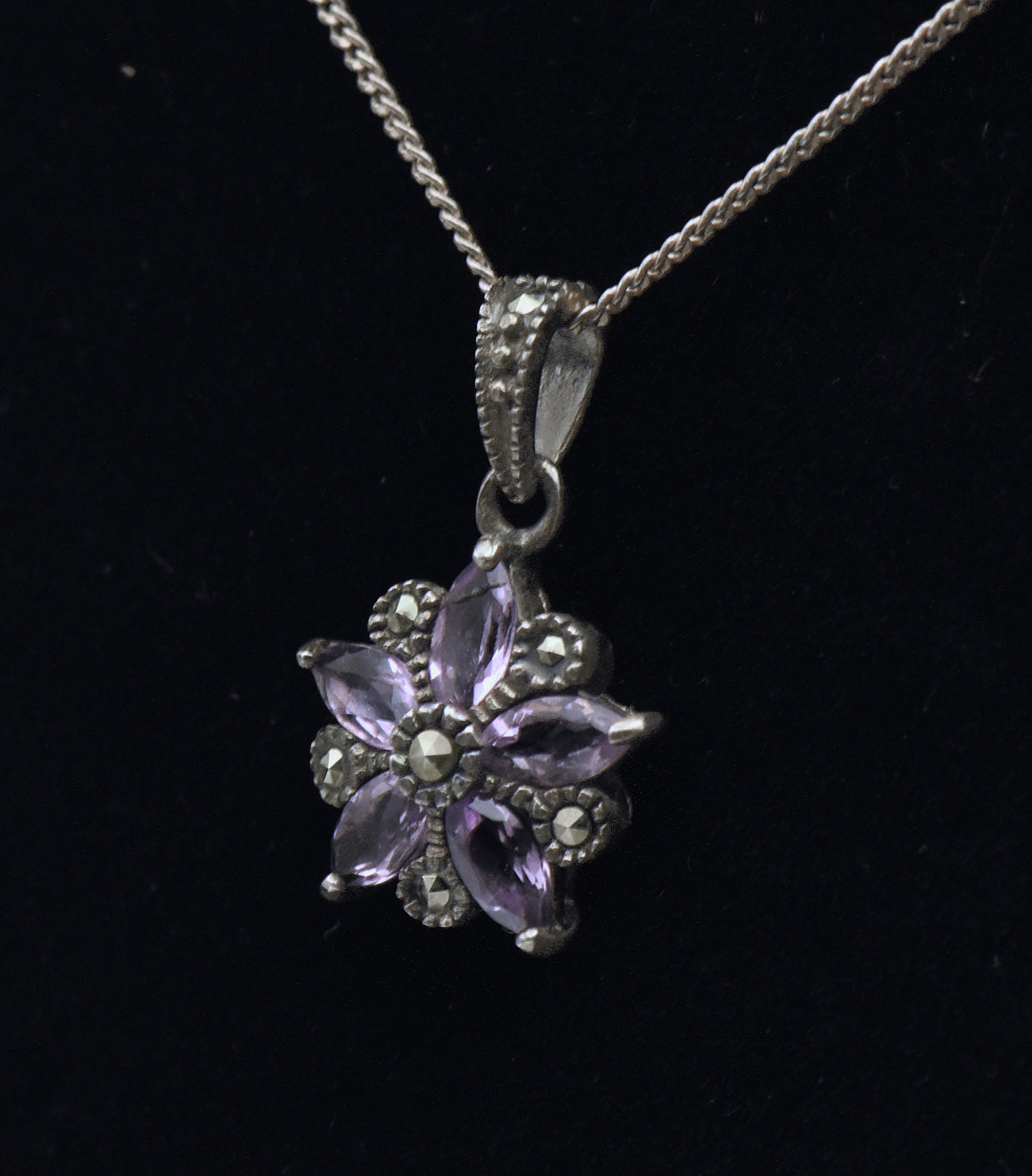 Vintage Amethyst and Marcasite Sterling Silver Floral Pendant on Sterling Silver Chain Necklace - 19.25"