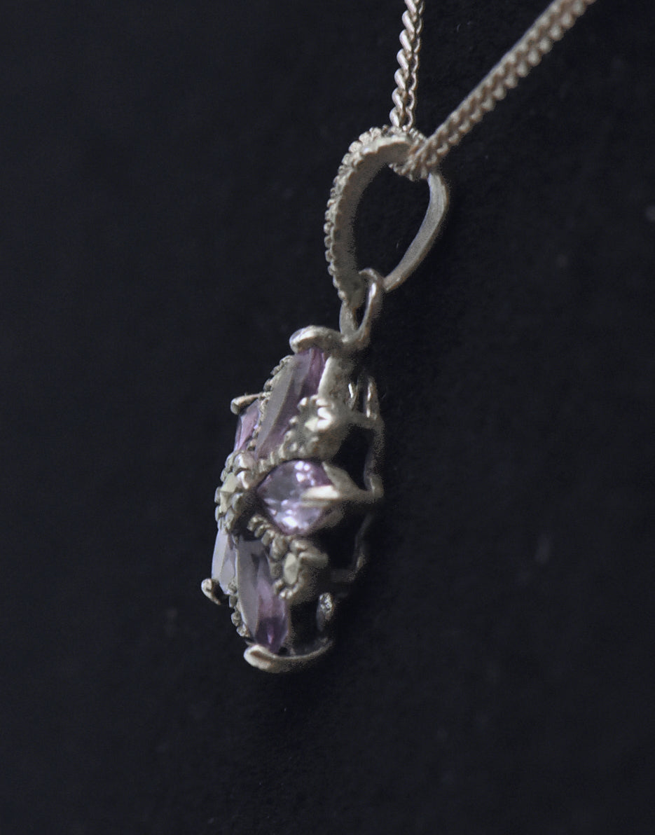 Vintage Amethyst and Marcasite Sterling Silver Floral Pendant on Sterling Silver Chain Necklace - 19.25"