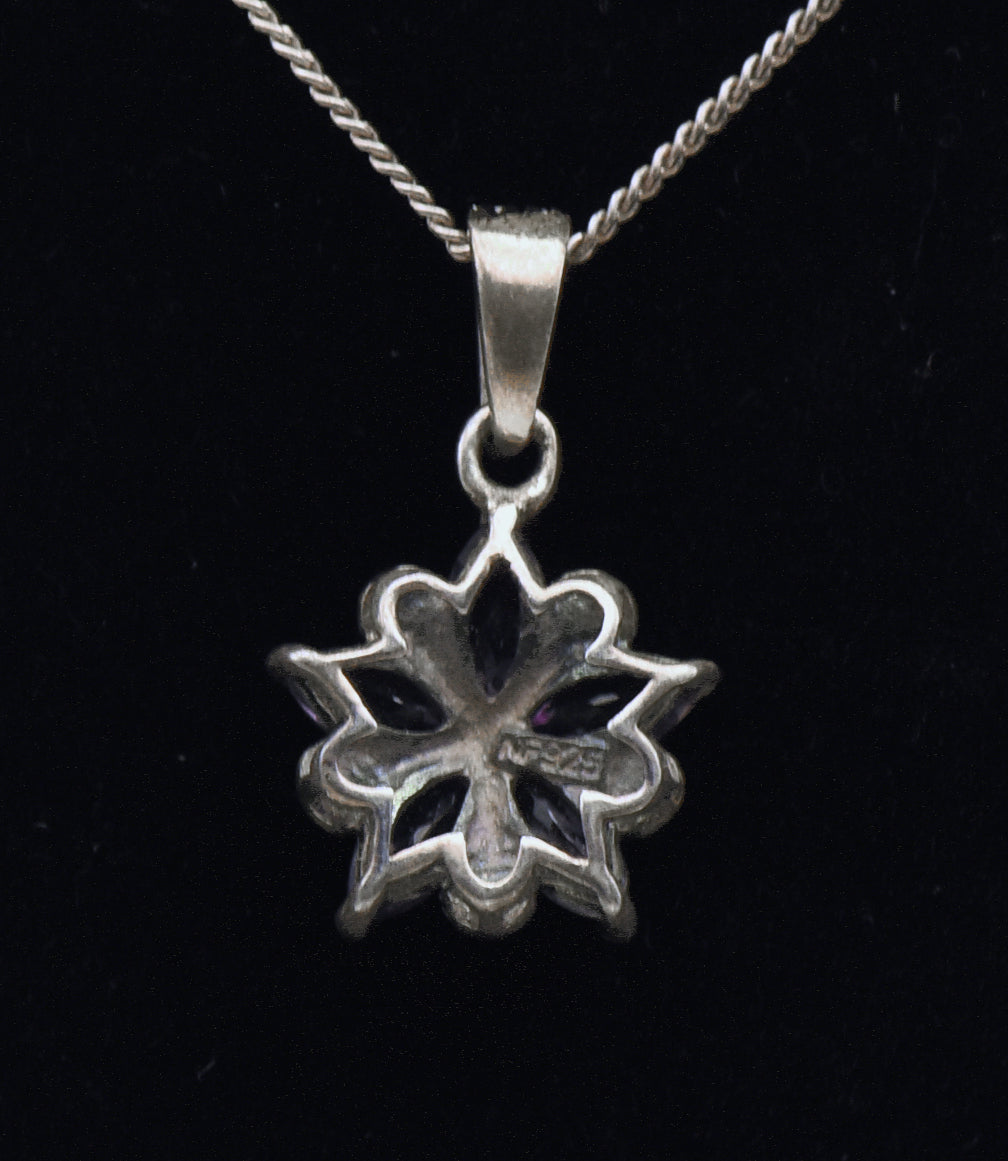 Vintage Amethyst and Marcasite Sterling Silver Floral Pendant on Sterling Silver Chain Necklace - 19.25"