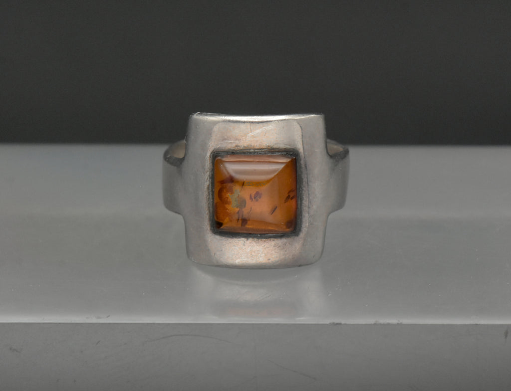 Vintage Handmade Sterling Silver and Amber Modernist Ring - Size 6.5
