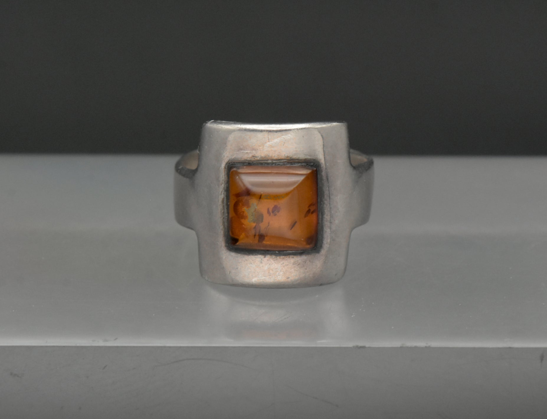 Vintage Handmade Sterling Silver and Amber Modernist Ring - Size 6.5
