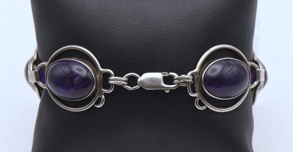 Vintage Handmade Sterling Silver Amethyst Cabochons Bracelet - 8"